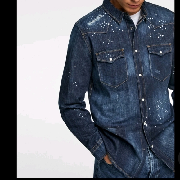 Zara men's denim jacket Shirt paint splatter distressed western style black L. - Picture 3 of 12